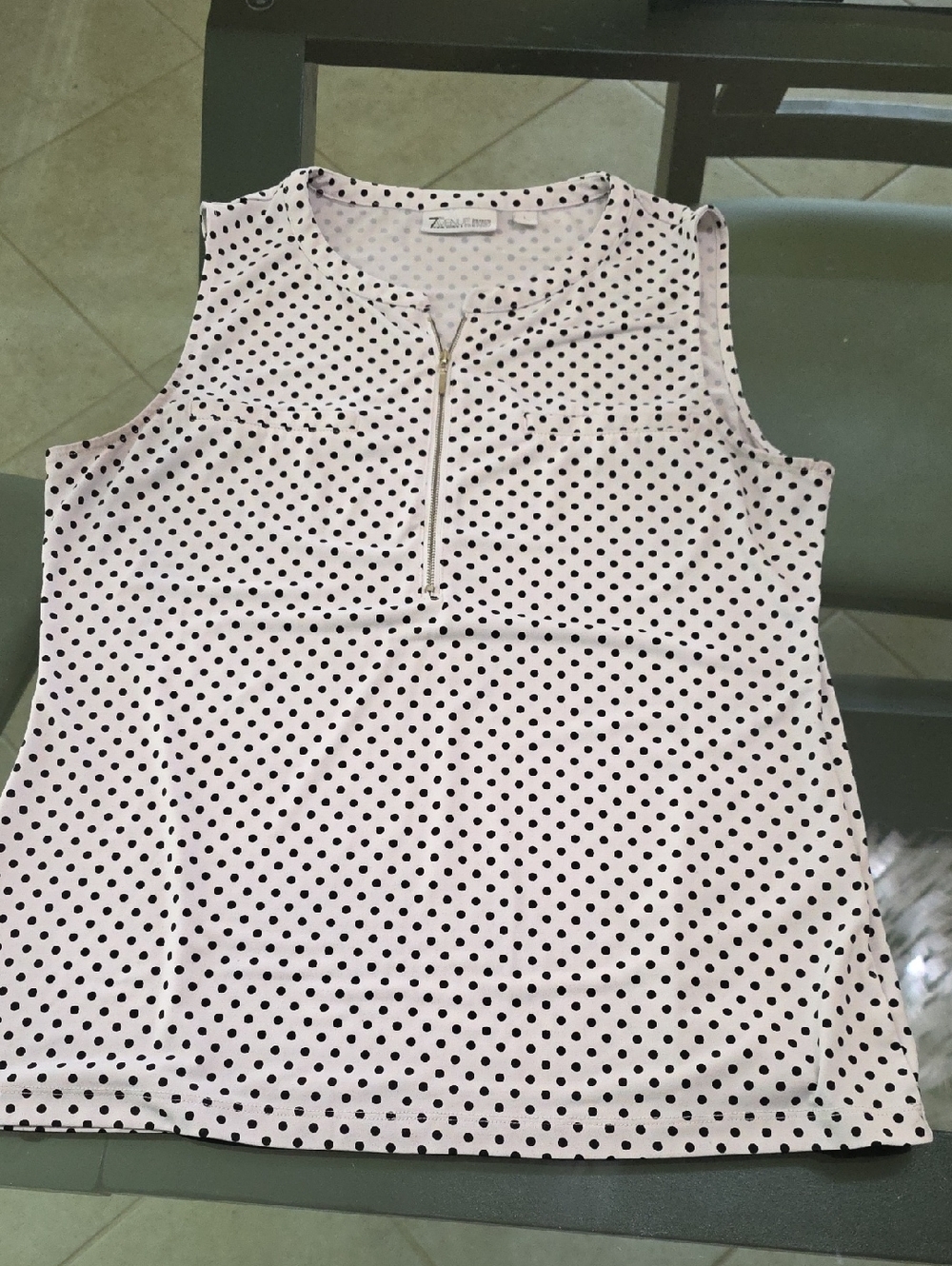 Zella White and Black Polka Dot Zip-Front Sleeveless Top